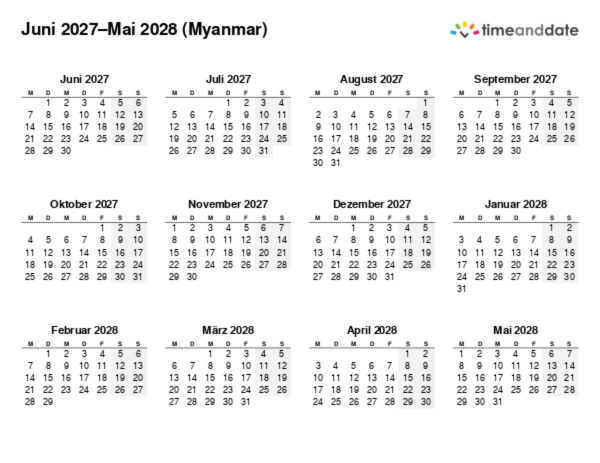 Kalender für 2027 in Myanmar