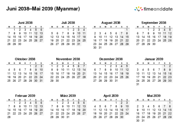 Kalender für 2038 in Myanmar