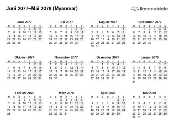 Kalender für 2077 in Myanmar