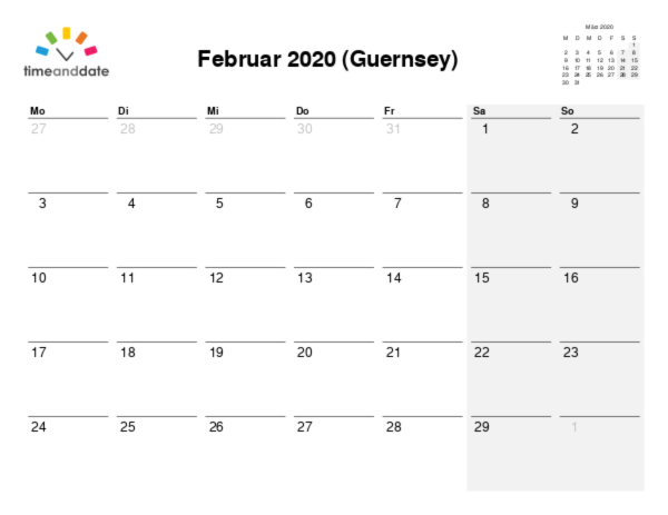 Kalender für 2020 in Guernsey
