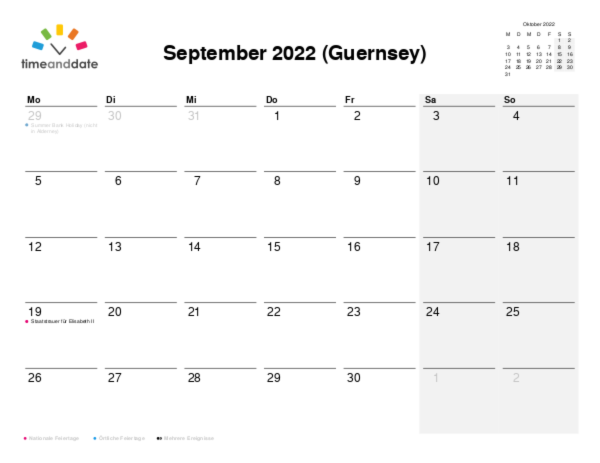 Kalender für 2022 in Guernsey