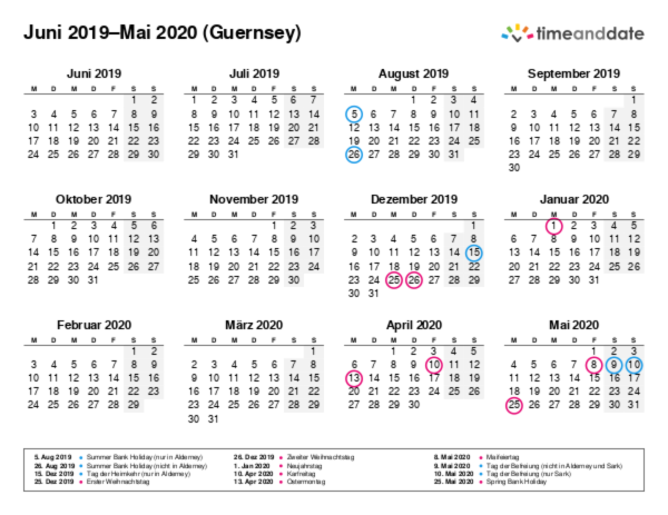 Kalender für 2019 in Guernsey
