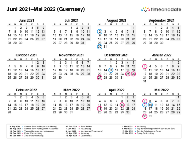 Kalender für 2021 in Guernsey