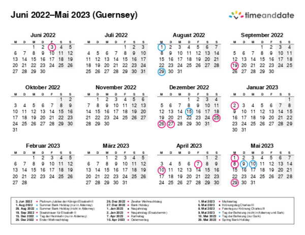 Kalender für 2022 in Guernsey