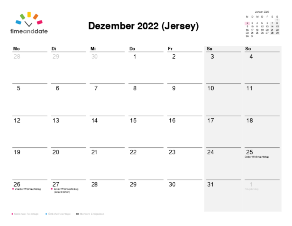 Kalender für 2022 in Jersey
