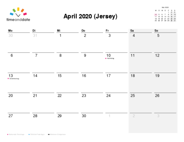 Kalender für 2020 in Jersey