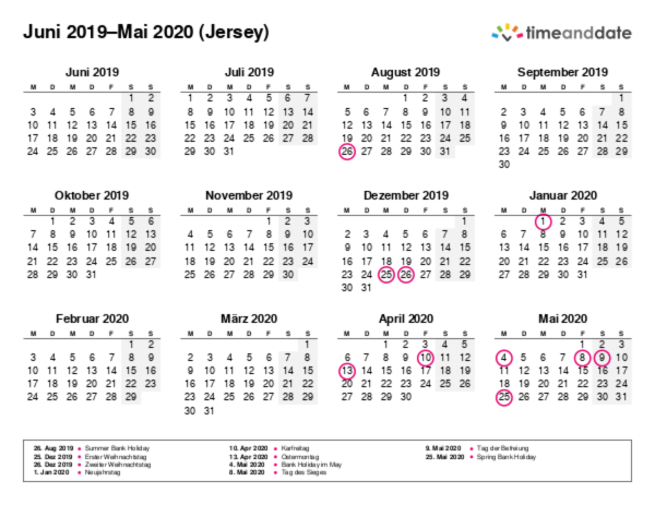Kalender für 2019 in Jersey