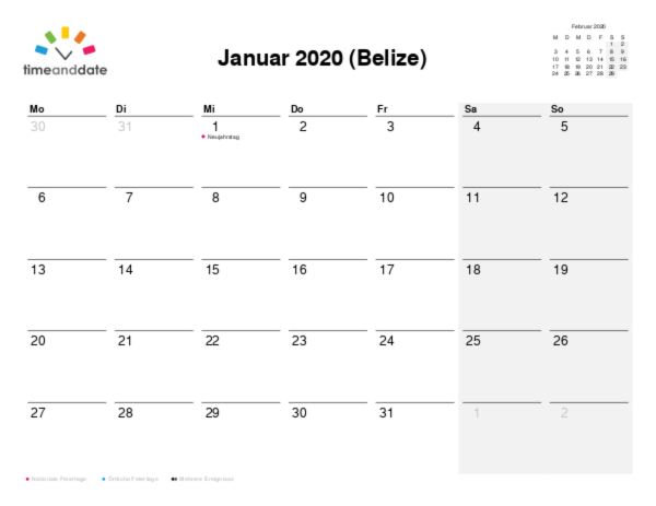 Kalender für 2020 in Belize