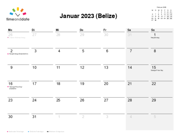 Kalender für 2023 in Belize