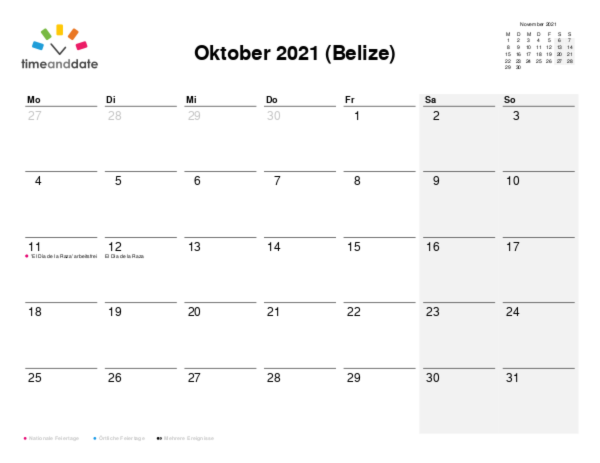 Kalender für 2021 in Belize