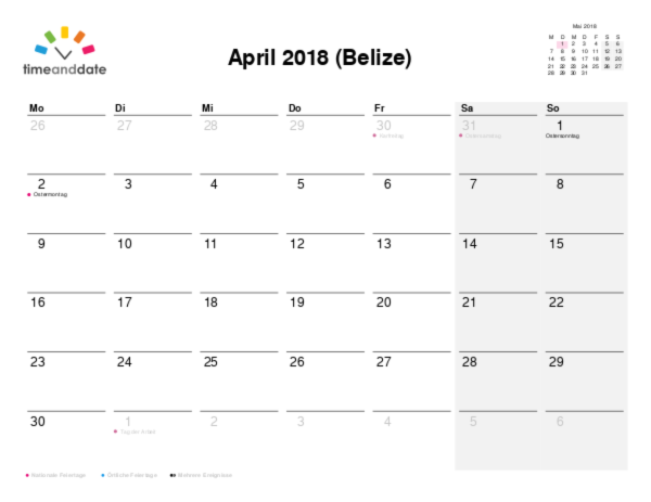 Kalender für 2018 in Belize