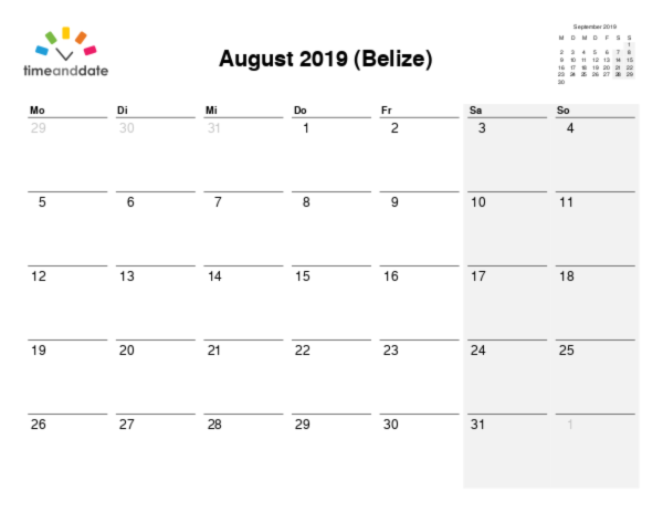 Kalender für 2019 in Belize