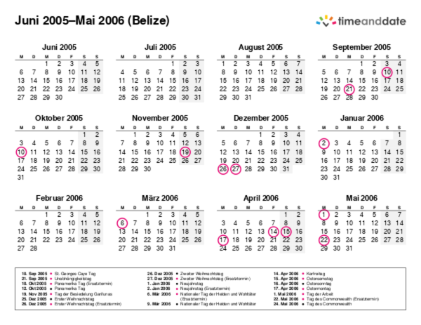Kalender für 2005 in Belize