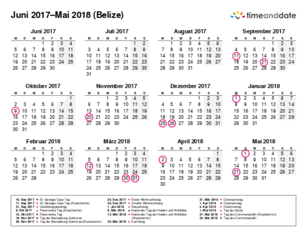Kalender für 2017 in Belize