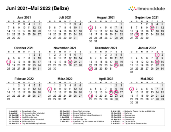 Kalender für 2021 in Belize