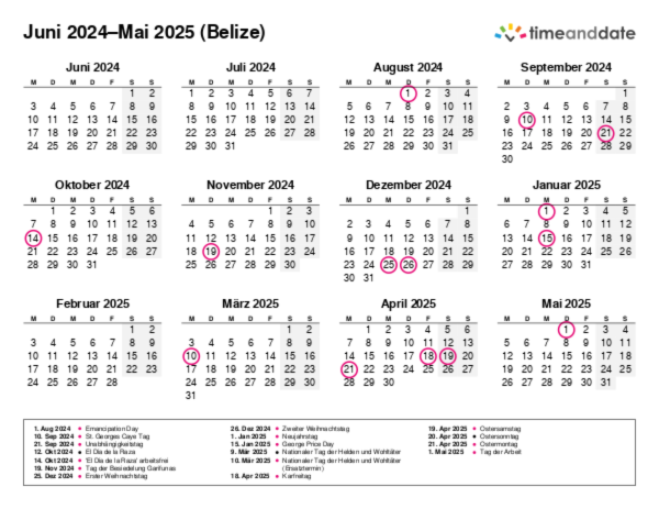 Kalender für 2024 in Belize