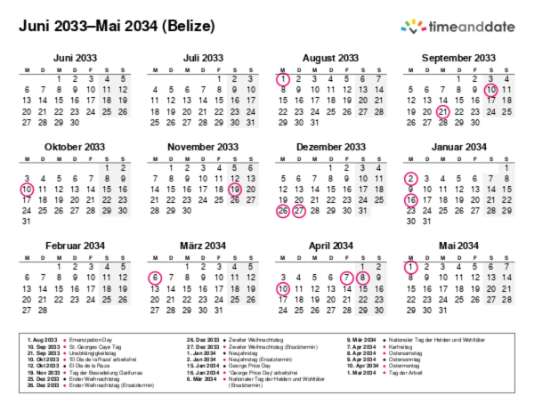 Kalender für 2033 in Belize