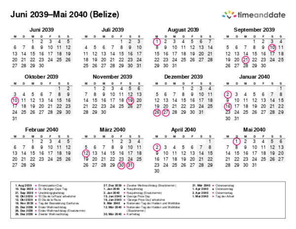Kalender für 2039 in Belize