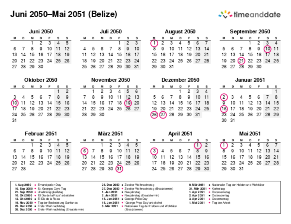 Kalender für 2050 in Belize