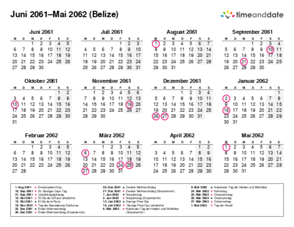 Kalender für 2061 in Belize