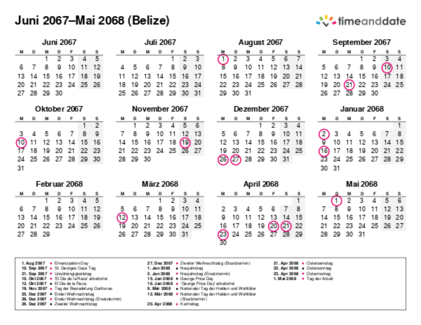 Kalender für 2067 in Belize