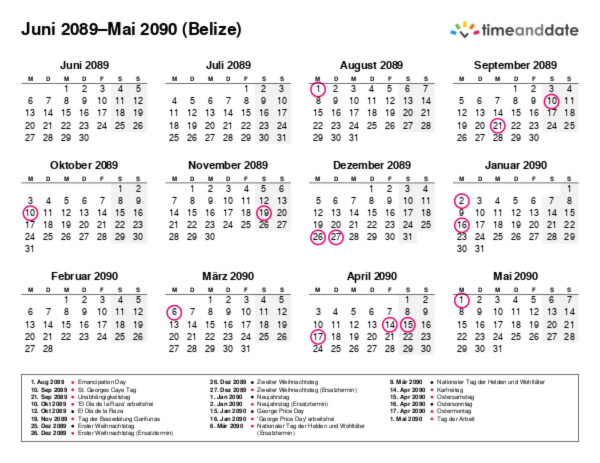 Kalender für 2089 in Belize