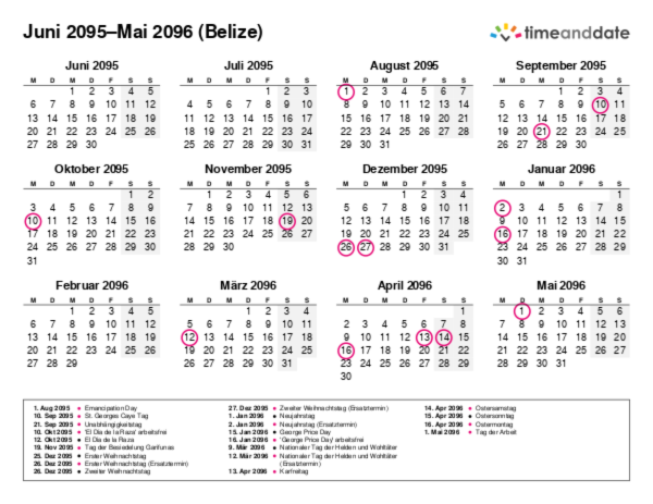 Kalender für 2095 in Belize