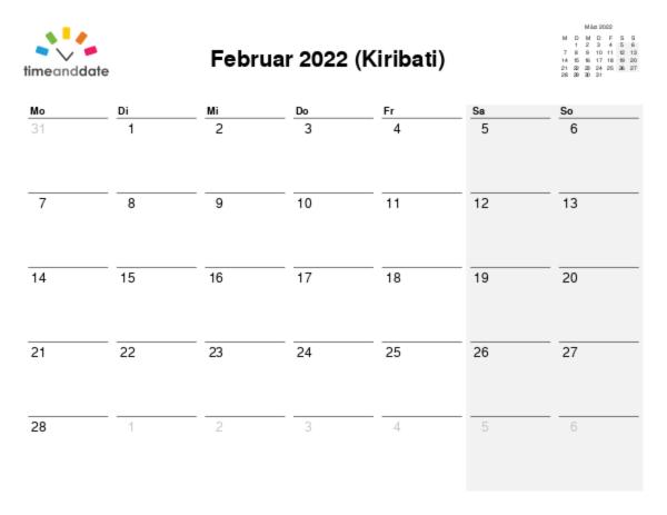 Kalender für 2022 in Kiribati