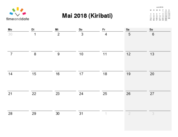 Kalender für 2018 in Kiribati