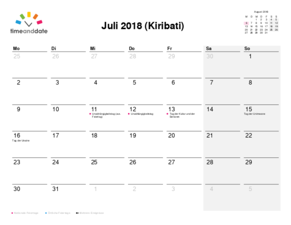 Kalender für 2018 in Kiribati
