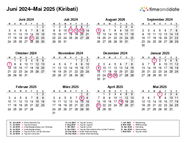 Kalender für 2024 in Kiribati