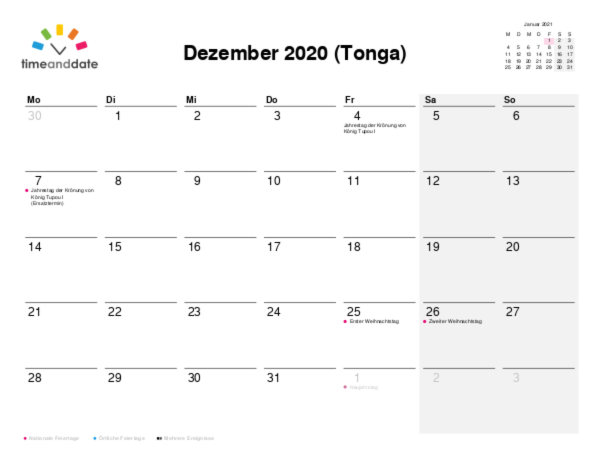 Kalender für 2020 in Tonga