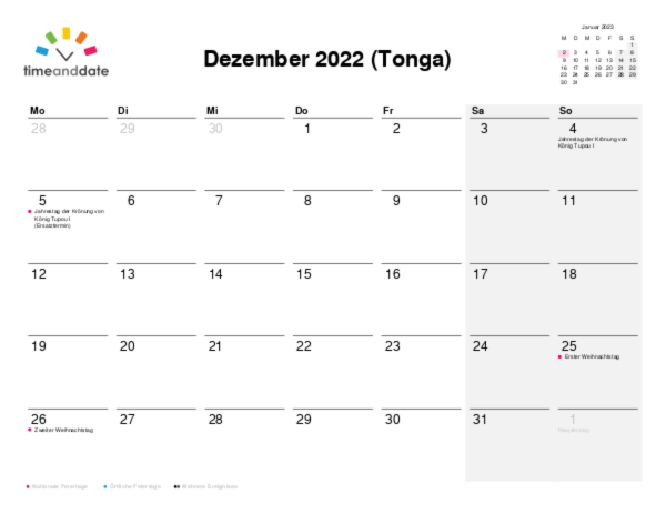 Kalender für 2022 in Tonga