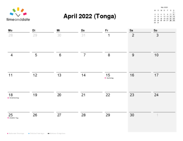 Kalender für 2022 in Tonga