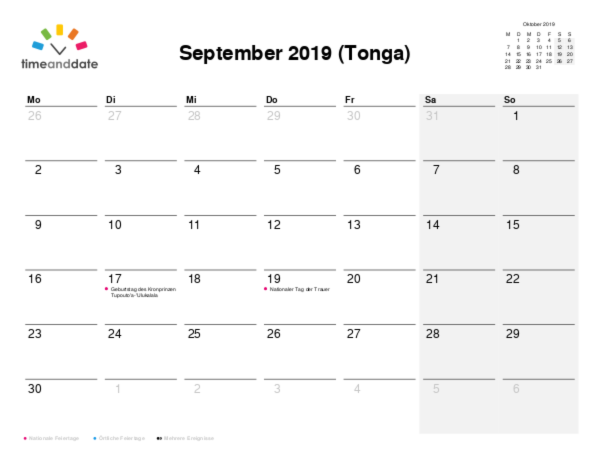Kalender für 2019 in Tonga