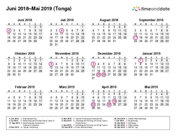 Kalender für 2018 in Tonga