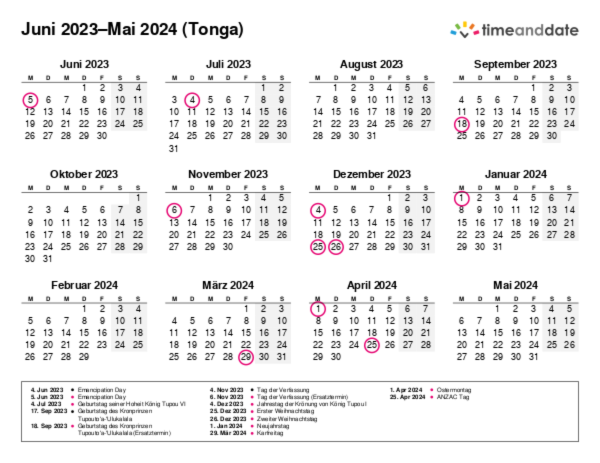 Kalender für 2023 in Tonga