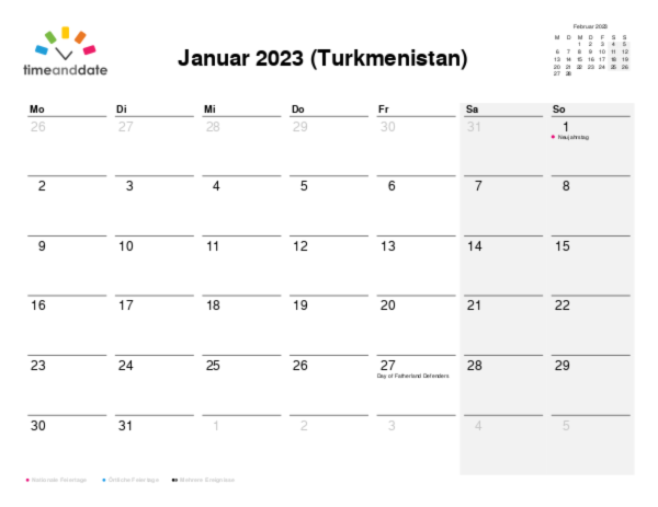 Kalender für 2023 in Turkmenistan