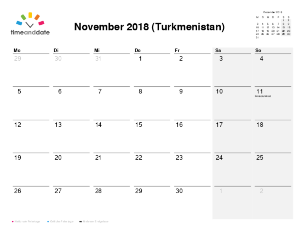 Kalender für 2018 in Turkmenistan
