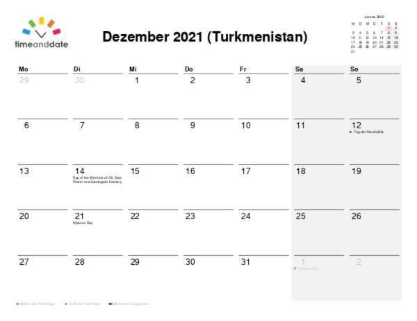Kalender für 2021 in Turkmenistan