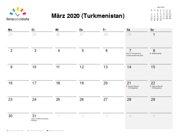 Kalender für 2020 in Turkmenistan