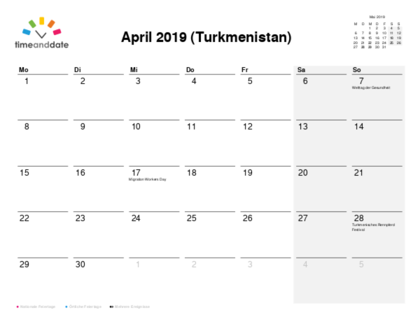 Kalender für 2019 in Turkmenistan