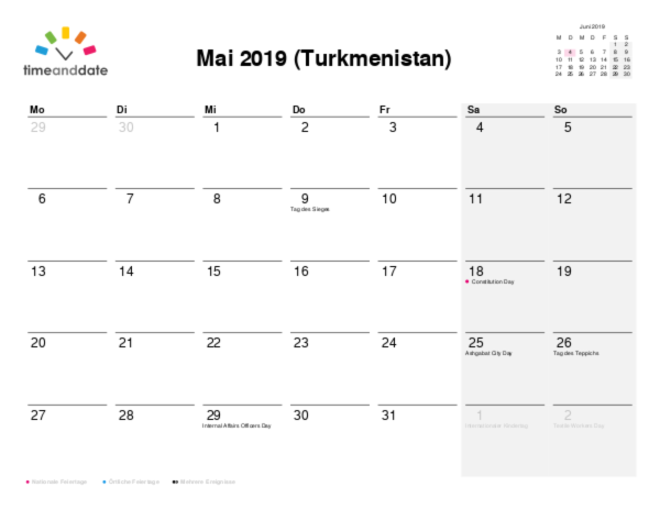 Kalender für 2019 in Turkmenistan