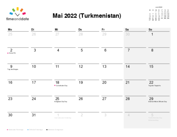 Kalender für 2022 in Turkmenistan