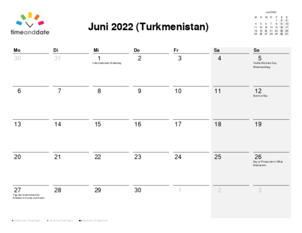 Kalender für 2022 in Turkmenistan