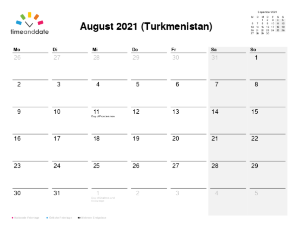 Kalender für 2021 in Turkmenistan