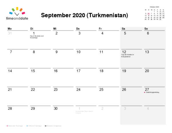 Kalender für 2020 in Turkmenistan