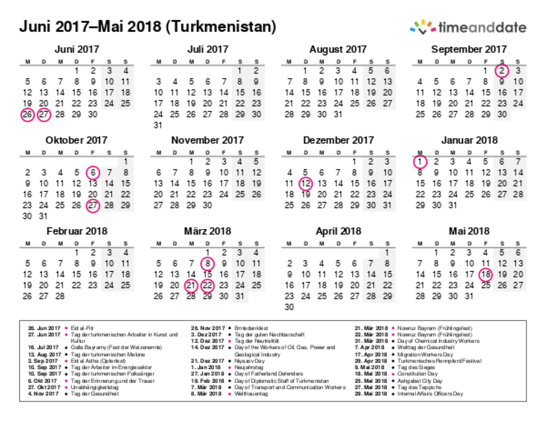 Kalender für 2017 in Turkmenistan