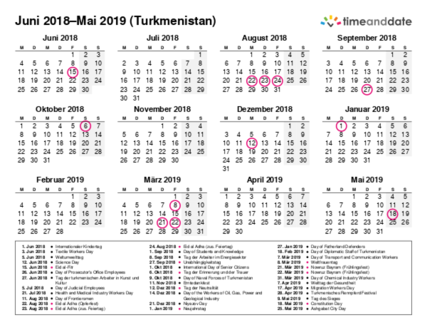 Kalender für 2018 in Turkmenistan