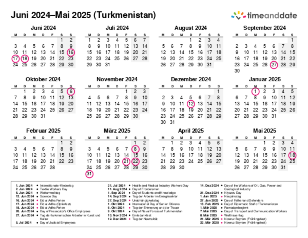 Kalender für 2024 in Turkmenistan